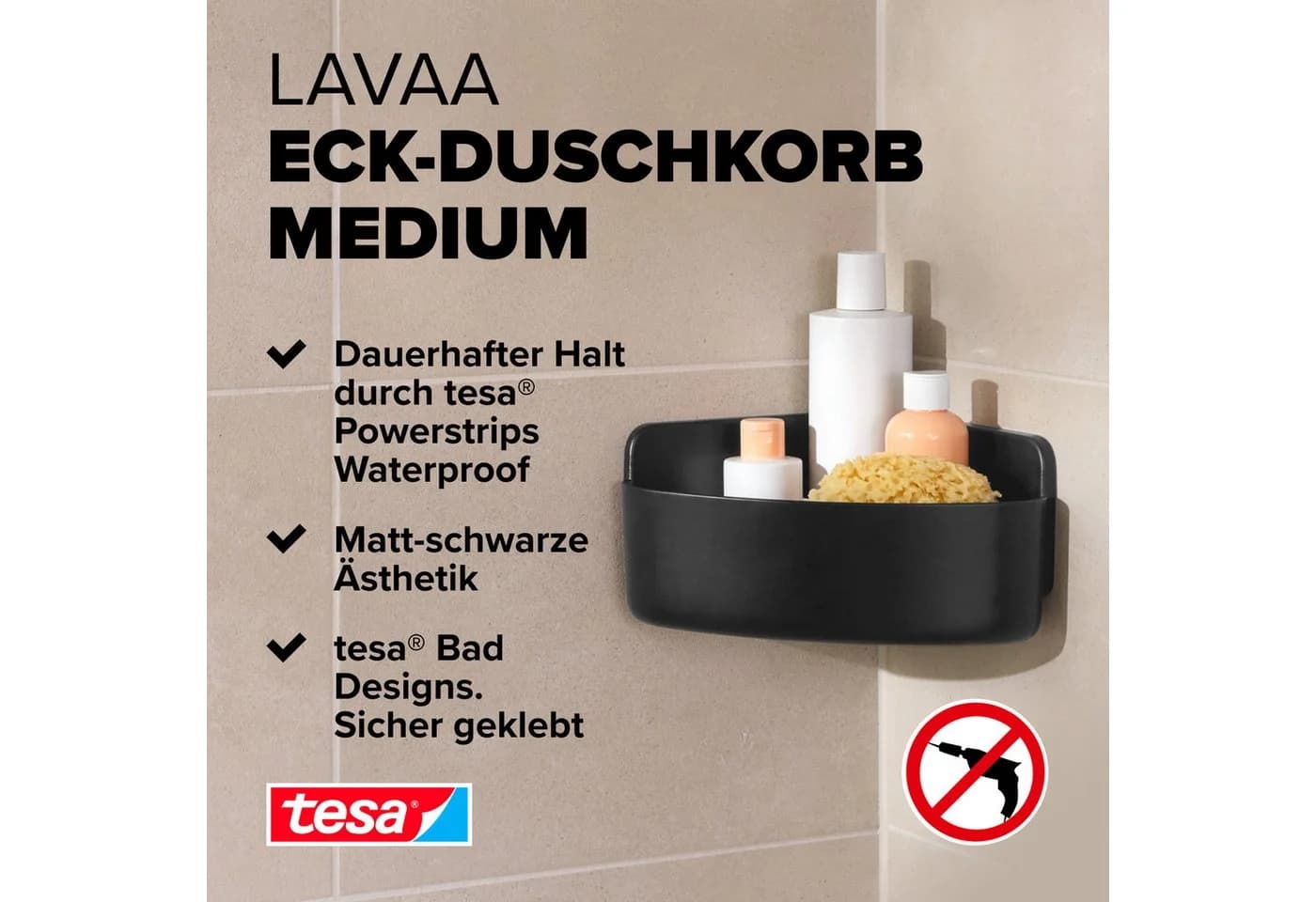 tesa Duschablage LAVAA Eck-Duschkorb Mattschwarz ohne Bohren - Bild 3