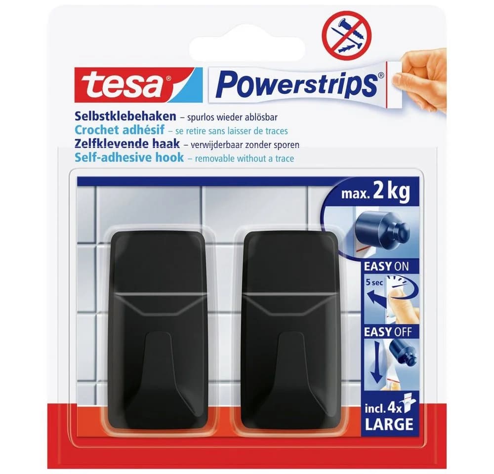 tesa Black Hooks L Klebehaken Schwarz 2er-Set mit Powerstrips - Bild 2