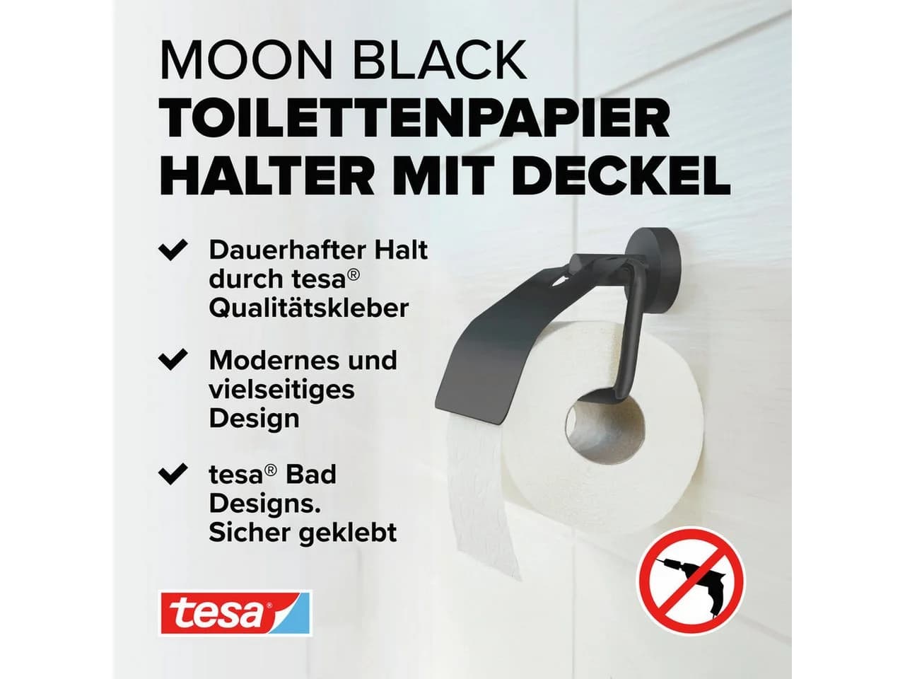 tesa Toilettenpapierhalter MOON BLACK mit Klebelösung