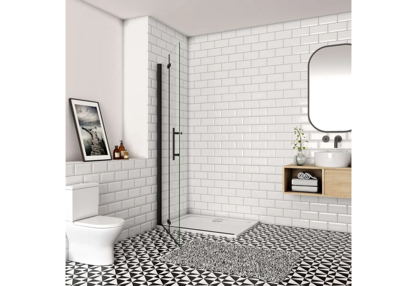 Aica Sanitär Walk-in-Dusche Schwarz 195cm ESG Glas