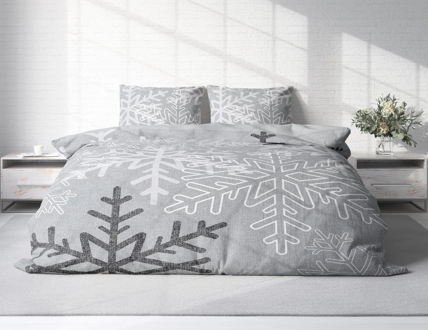 One Home Flanell Bettwäsche Winter 3-teilig Grau Schneeflocke