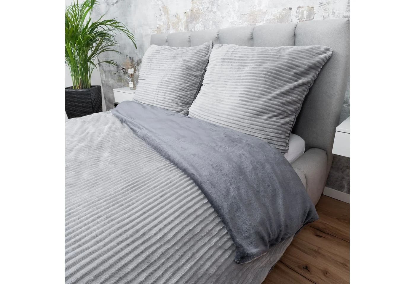 One Home Bettwäsche Winter Teddy Plüsch Grau 3-teilig