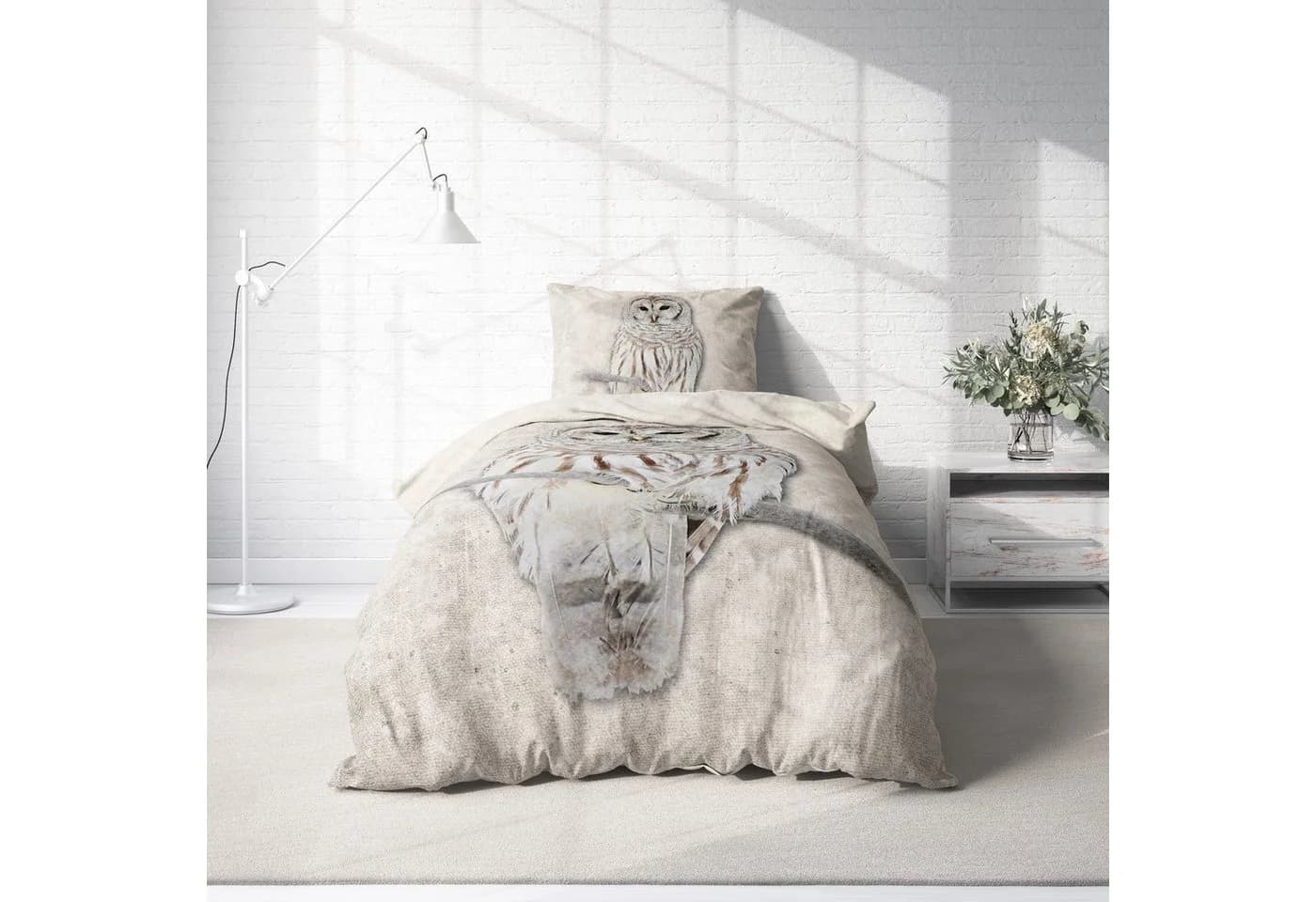 One Home Bettwäsche Dolia Fleece 2-teilig Eule Natur Beige