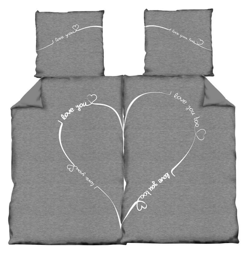 One Home Bettwäsche Love You 4-teilig Grau Meliert Herz