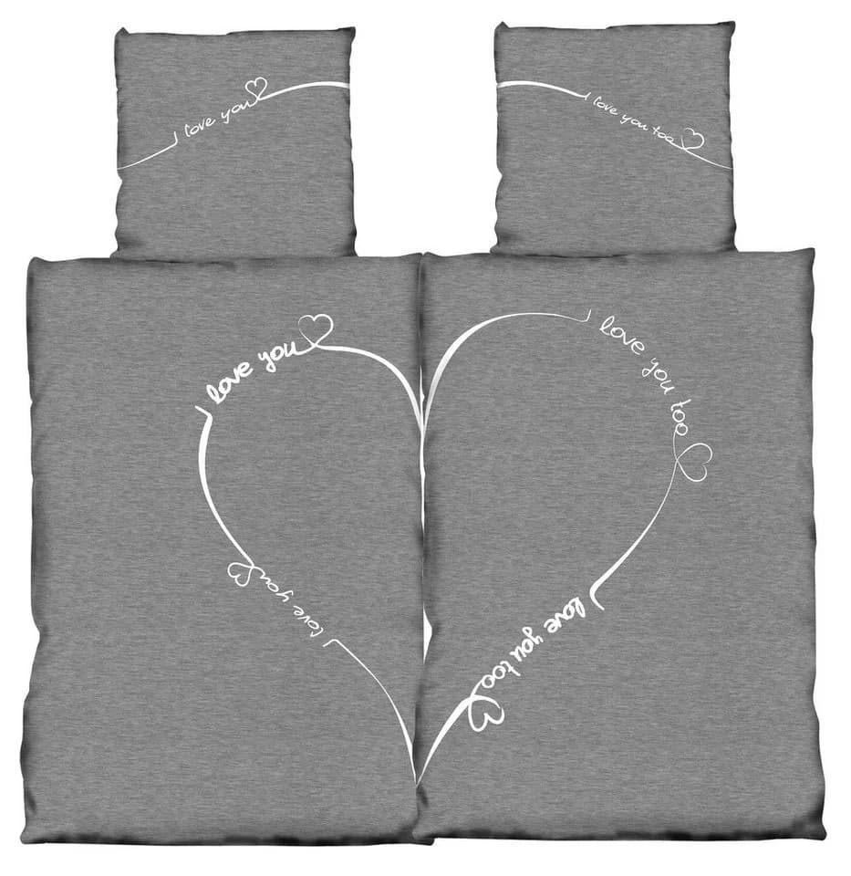 One Home Bettwäsche Love You 4-teilig Grau Meliert Herz - Bild 2
