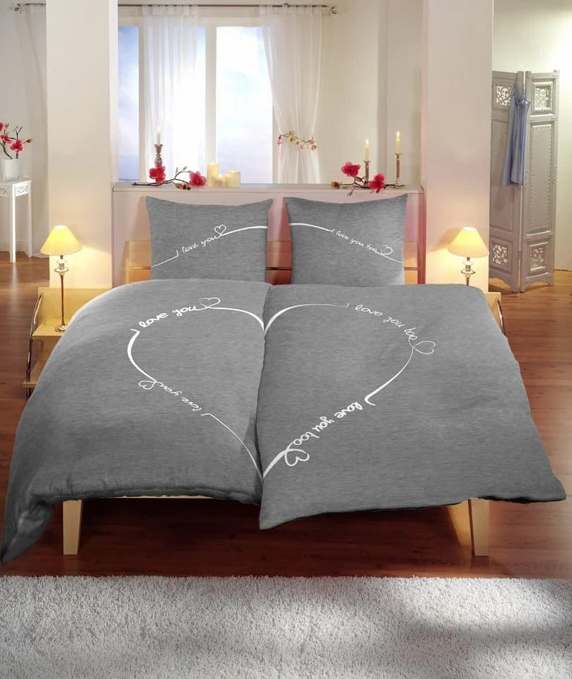 One Home Bettwäsche Love You 4-teilig Grau Meliert Herz - Bild 3