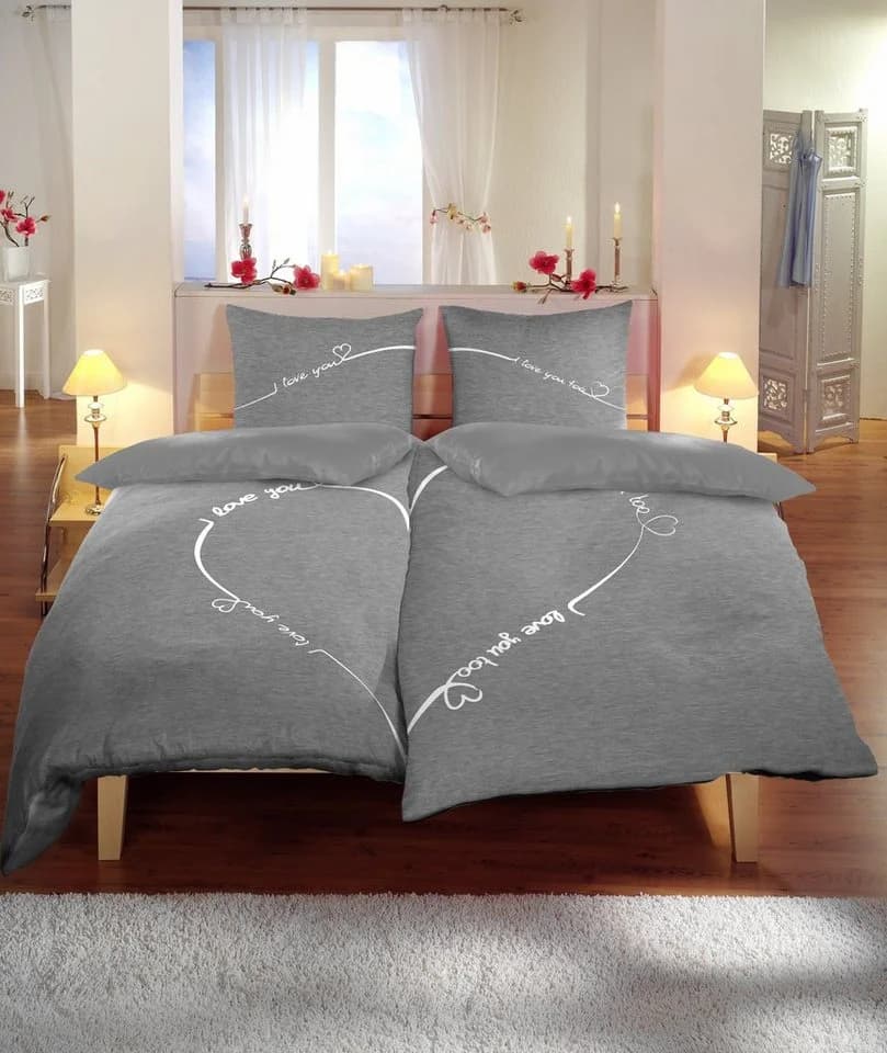 One Home Bettwäsche Love You 4-teilig Grau Meliert Herz - Bild 4