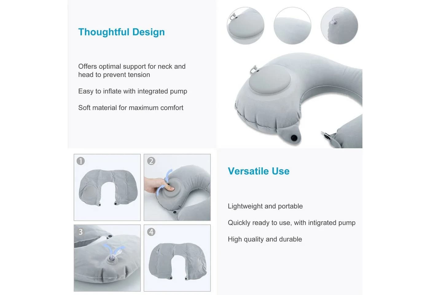 Intirilife Reisekissen Aufblasbar Grau Ergonomisches Nackenhörnchen - Bild 3