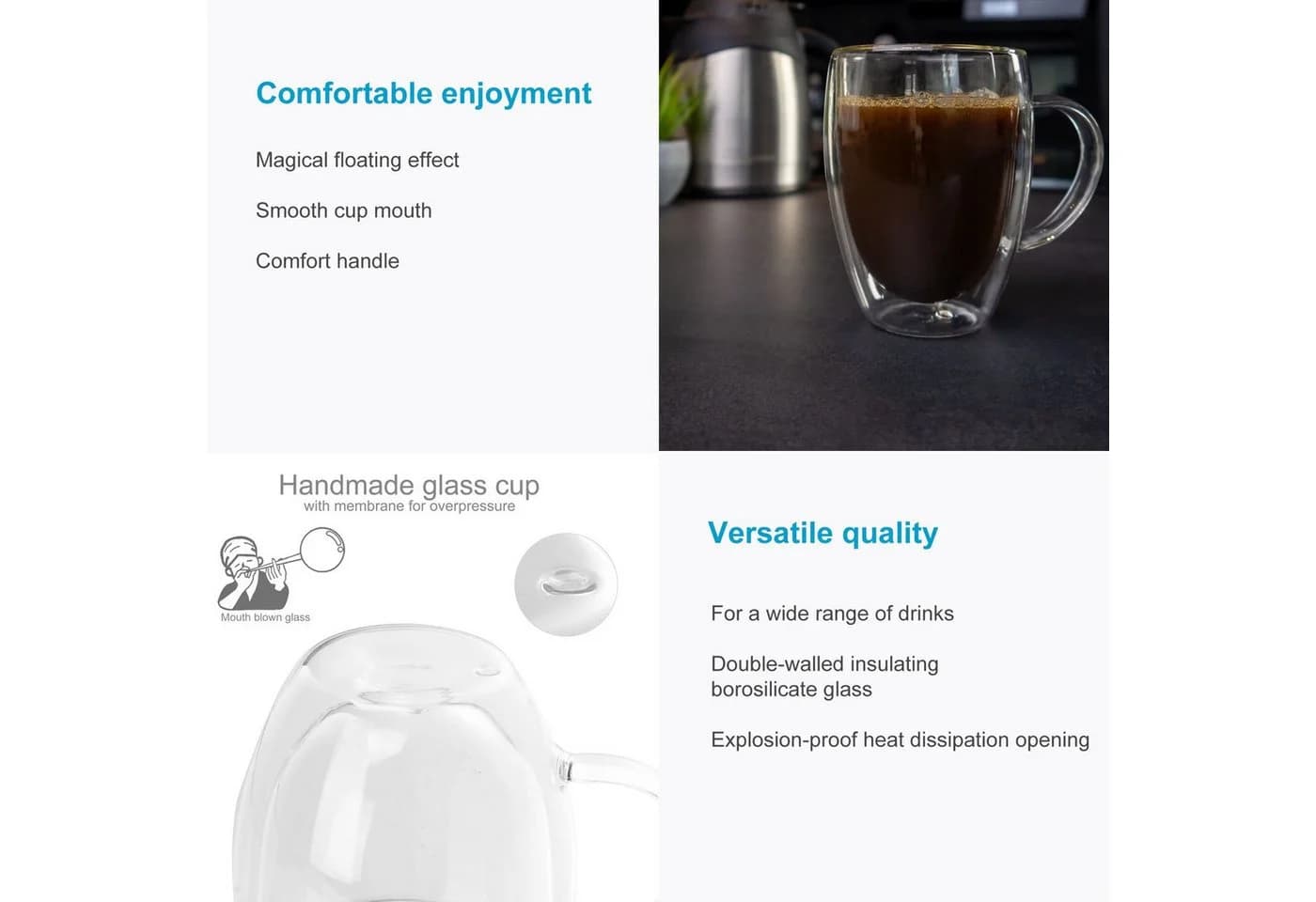 Intirilife Thermoglas Set 4-tlg. Doppelwandig Glas mit Henkel - Bild 5