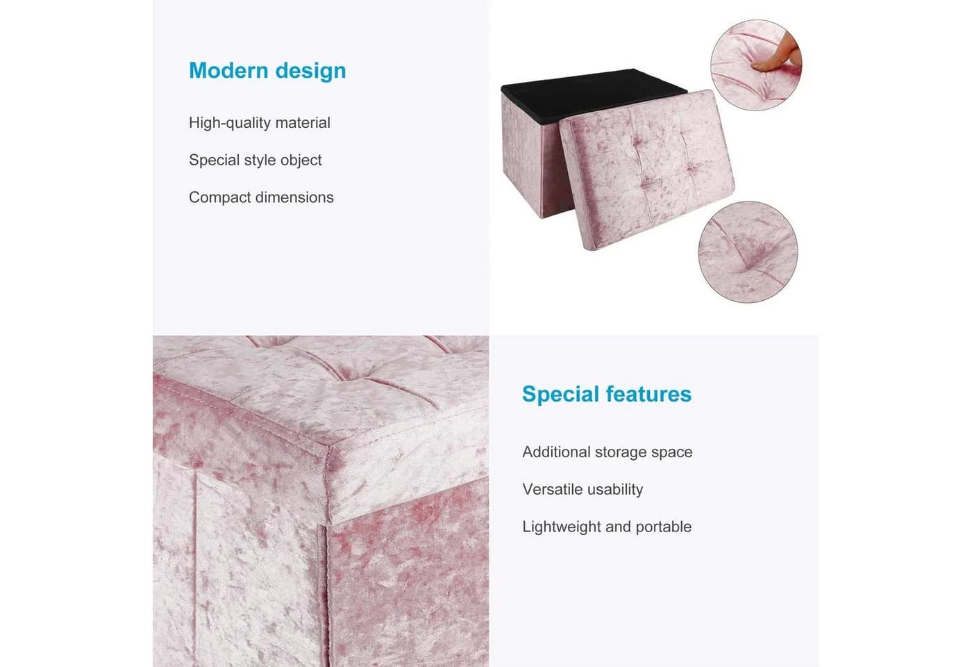 Intirilife Sitzbank Rosa Samt mit Stauraum - Bild 3