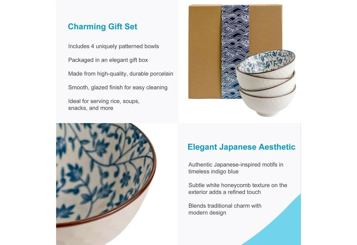 Intirilife Schale 4-tlg. Japanisches Porzellan Geschirrset Blau-Weiß - Bild 5