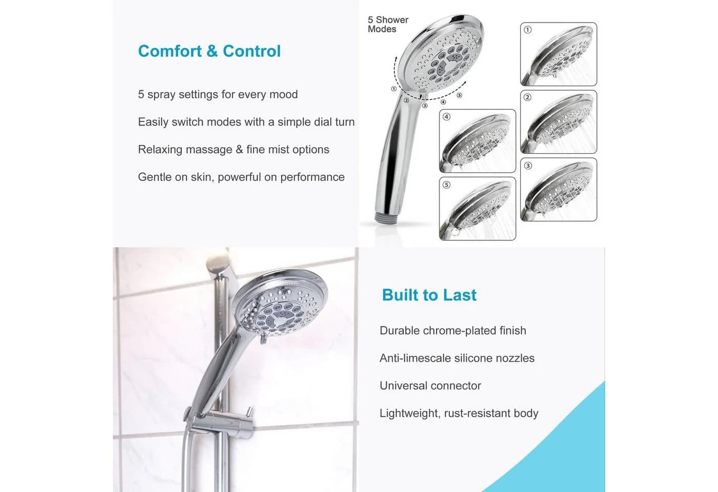 Intirilife Handbrause Silber - 5 Funktionen Duschkopf - Bild 5