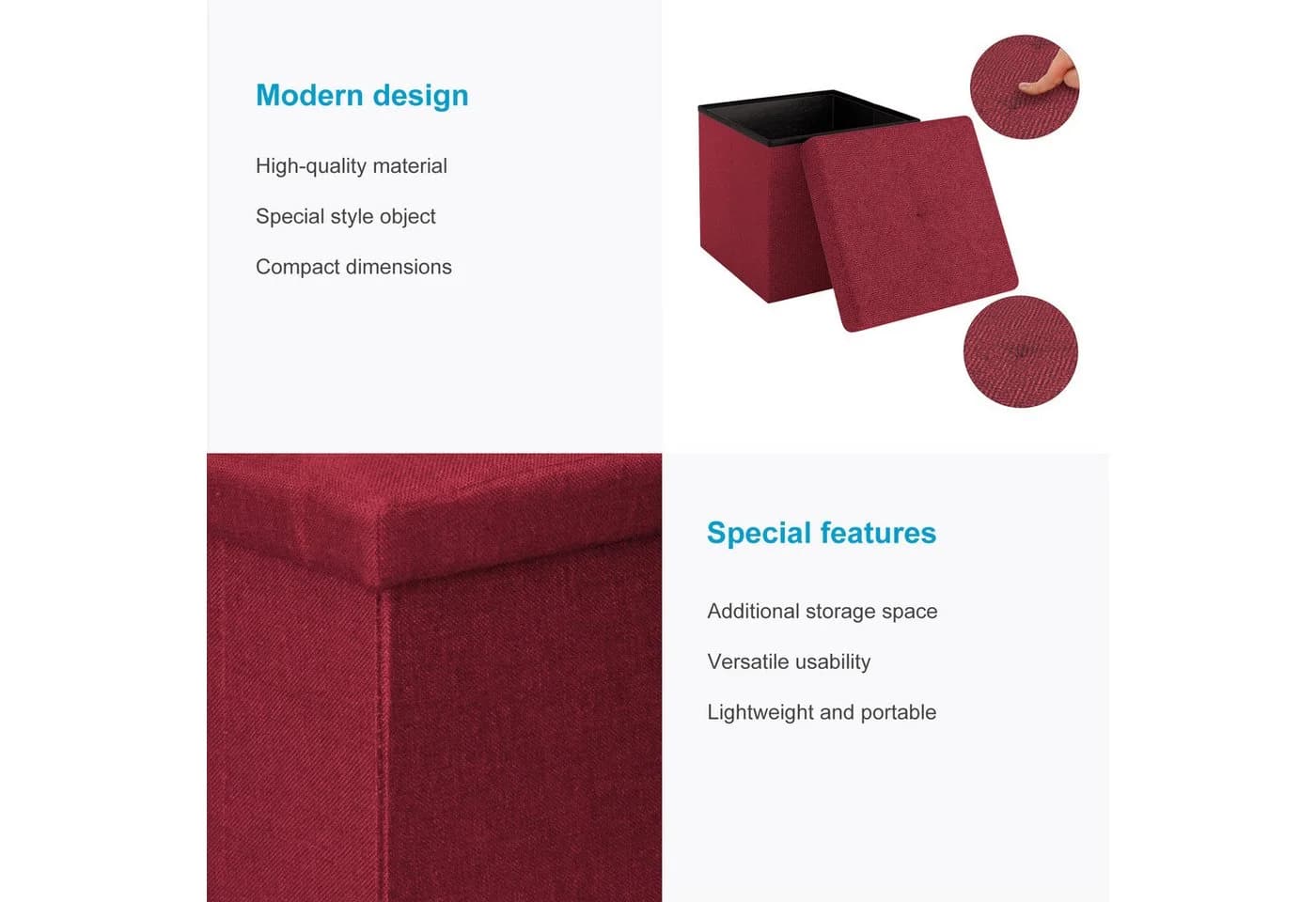Intirilife Sitzhocker mit Stauraum 30x30x30 cm Granat Rot - Bild 3