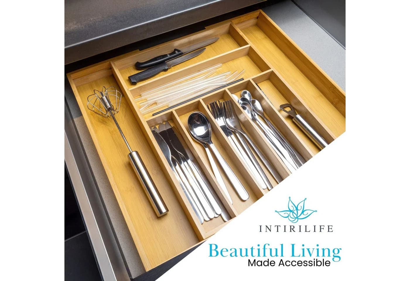 Intirilife Besteckkasten Organizer Bambus 8 Fächer Ausziehbar Braun