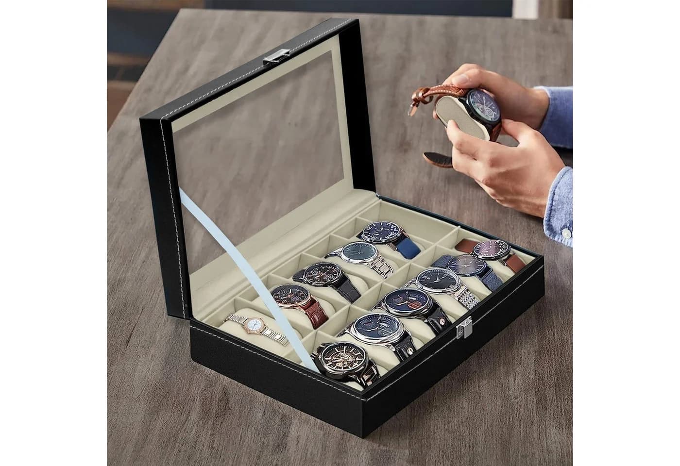 Intirilife Uhrenbox 12 Steckplätze Glasdeckel Schwarz - Bild 5