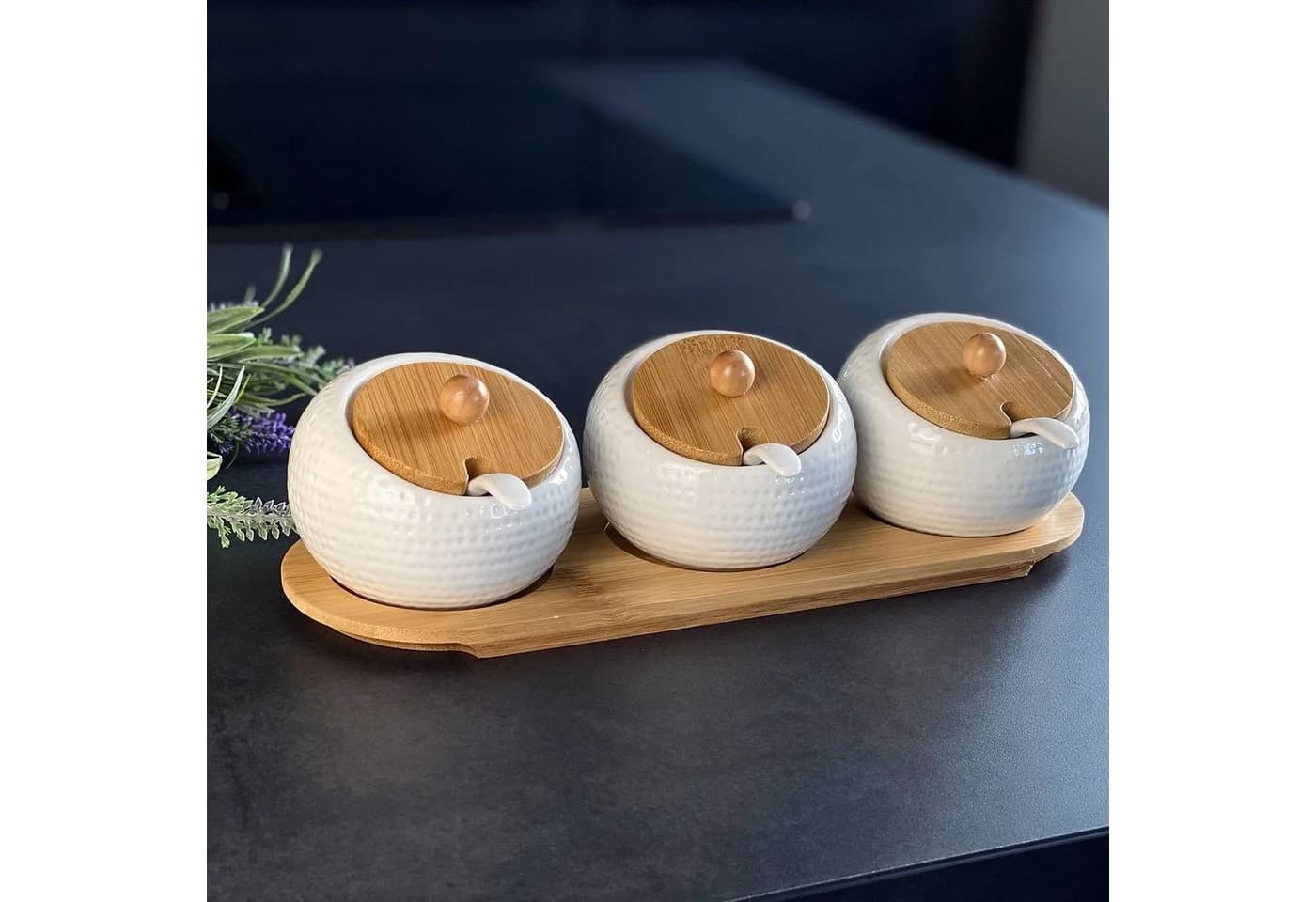 Intirilife 3er Set Zuckerdosen Porzellan mit Deckel, Löffel & Tablett Weiß - Bild 5