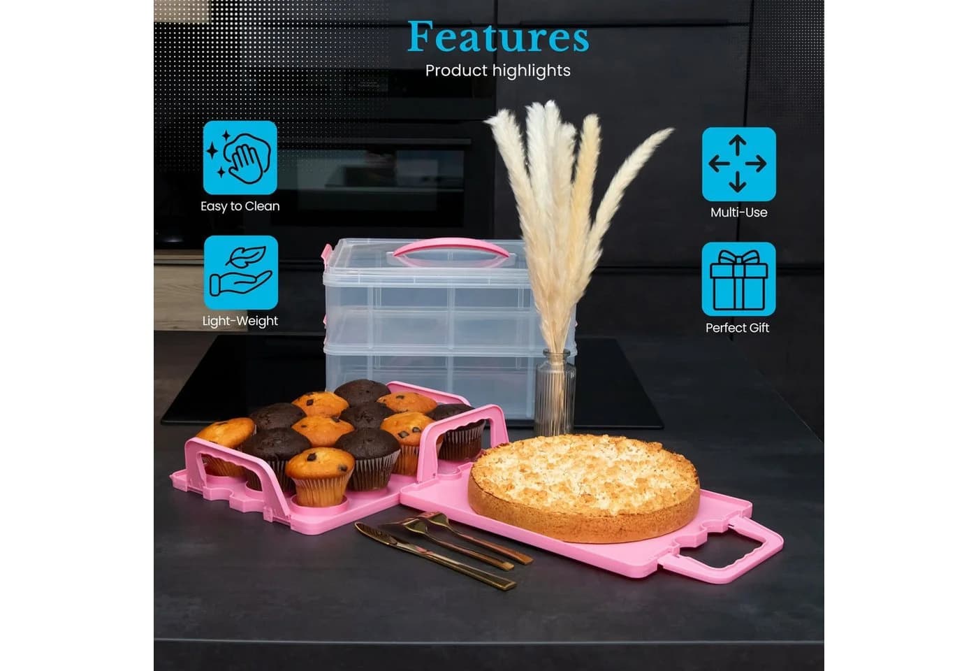 Intirilife Kuchentransportbox 2 Etagen Transparent/Rosa