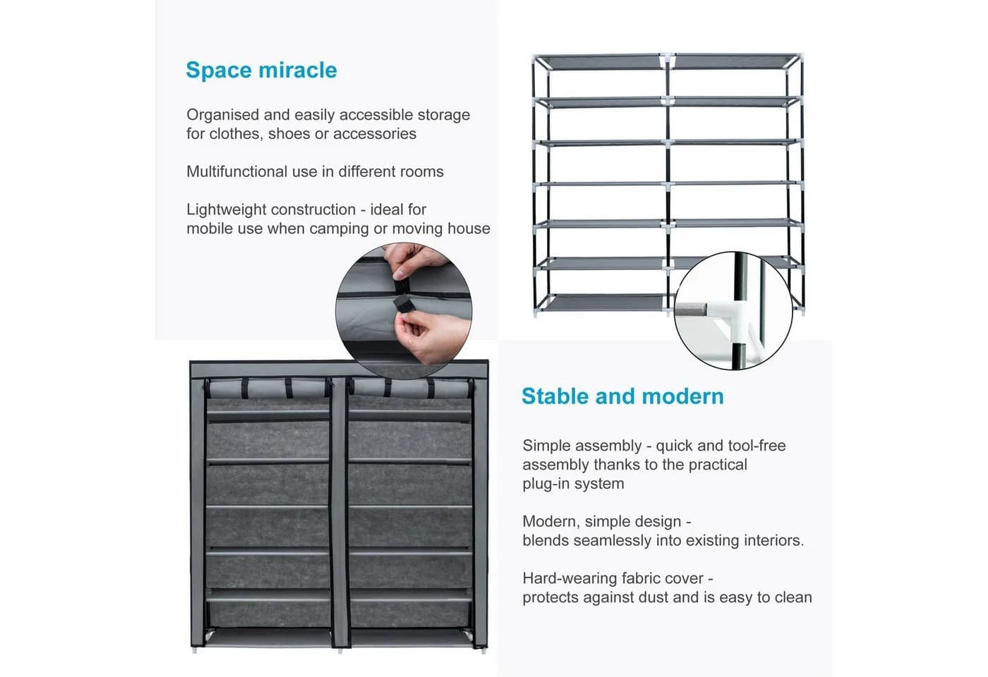Intirilife Faltschrank Grau Vlies Kleiderschrank mit 12 Fächern - Bild 3