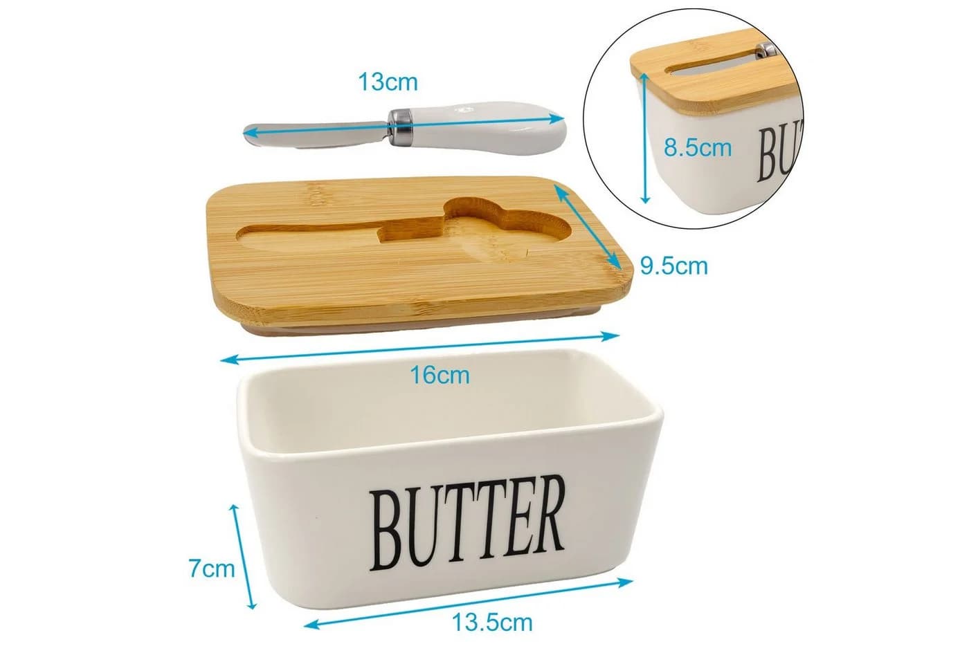 Intirilife Butterdose Porzellan Weiß mit Deckel und Messer