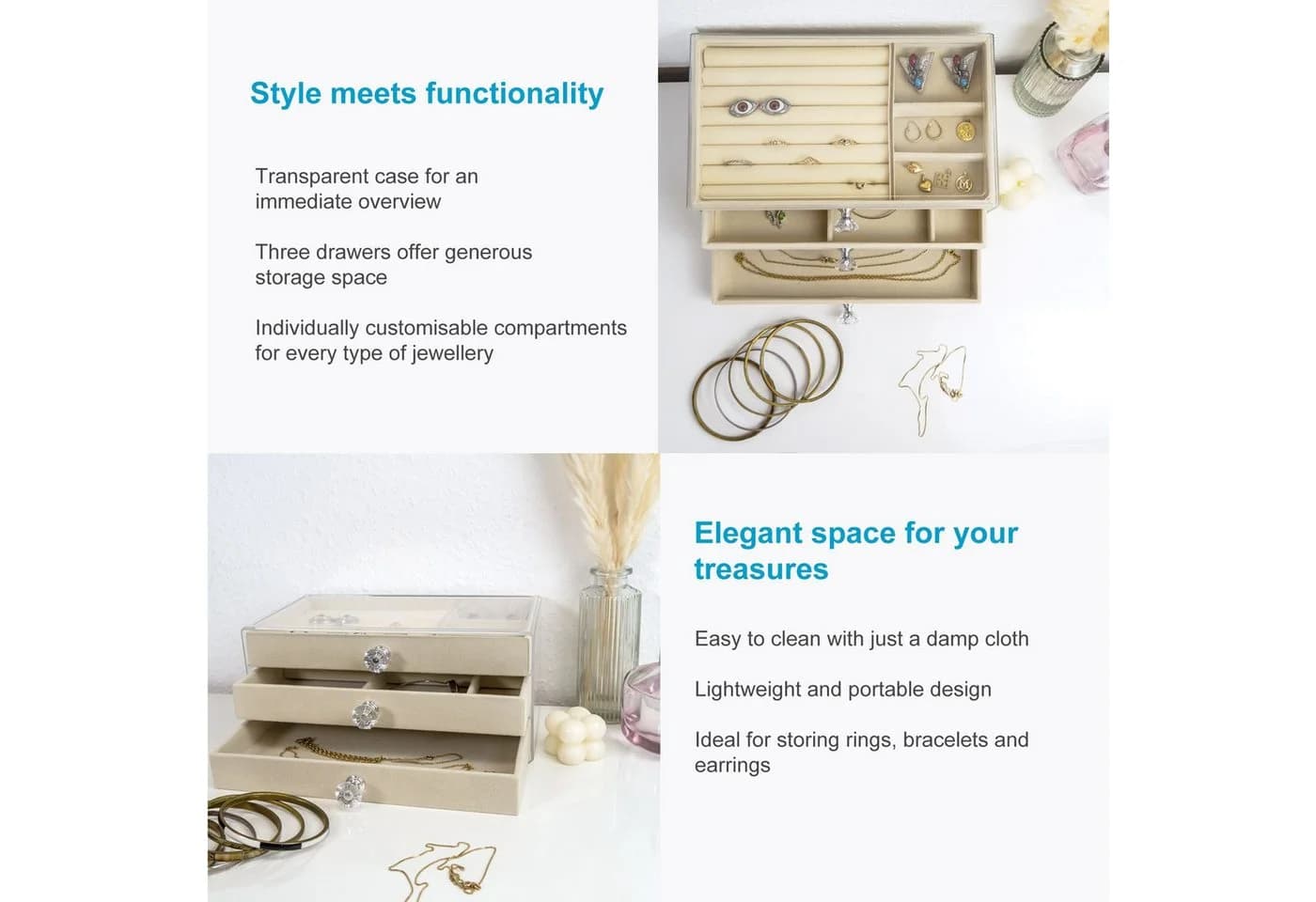 Intirilife Schmuckkasten Beige mit 3 Schubladen und transparenten Deckeln - Bild 3