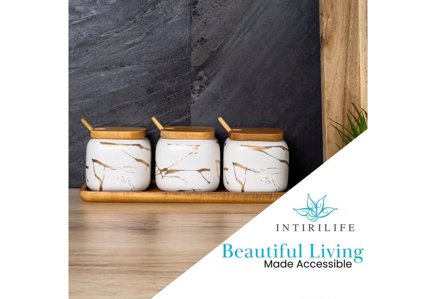 Intirilife Zuckerdose Set 3-tlg. Keramik Weiß Gold mit Holzdeckel