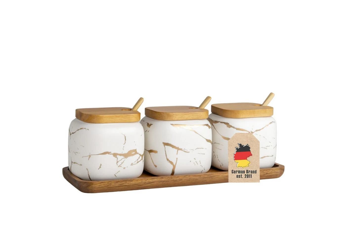 Intirilife Zuckerdose Set 3-tlg. Keramik Weiß Gold mit Holzdeckel - Bild 2