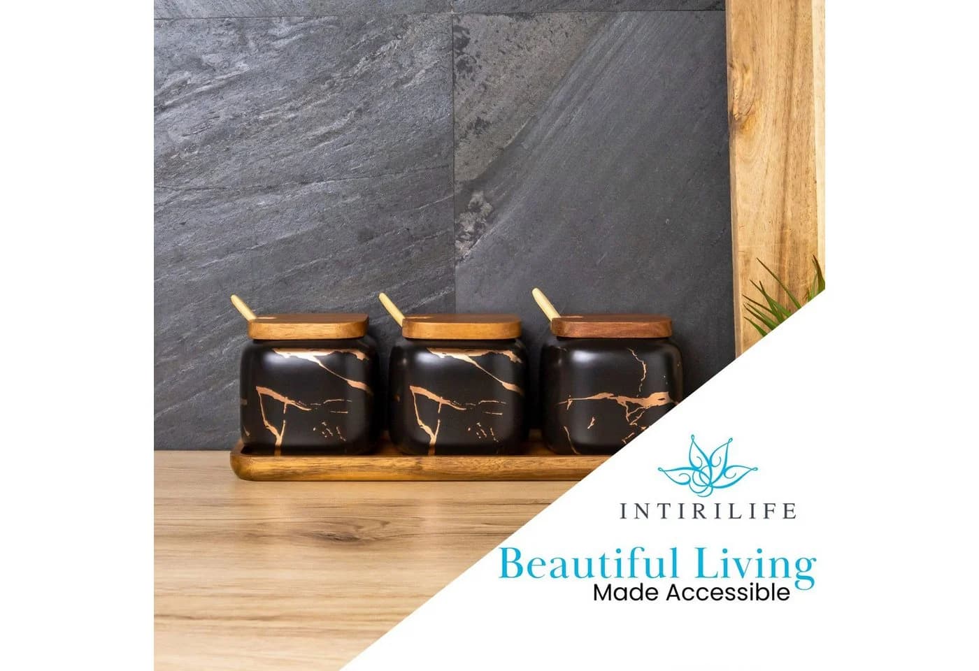 Intirilife Zuckerdose Set 3-tlg. Keramik Schwarz Gold mit Holzdeckel
