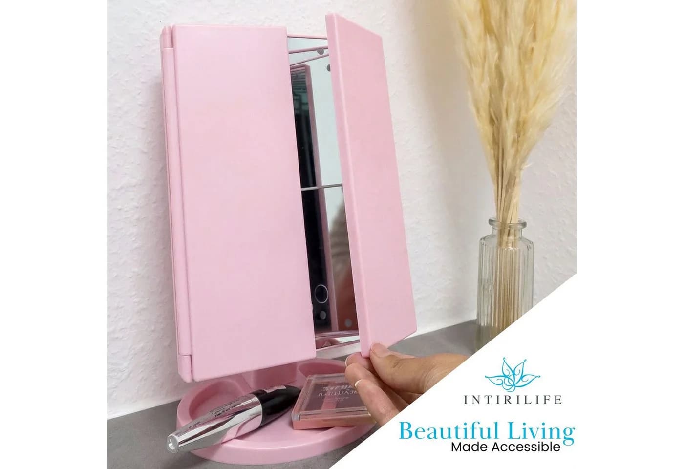 Intirilife Schminkspiegel mit LED-Beleuchtung und 3-fach Vergrößerung Pink