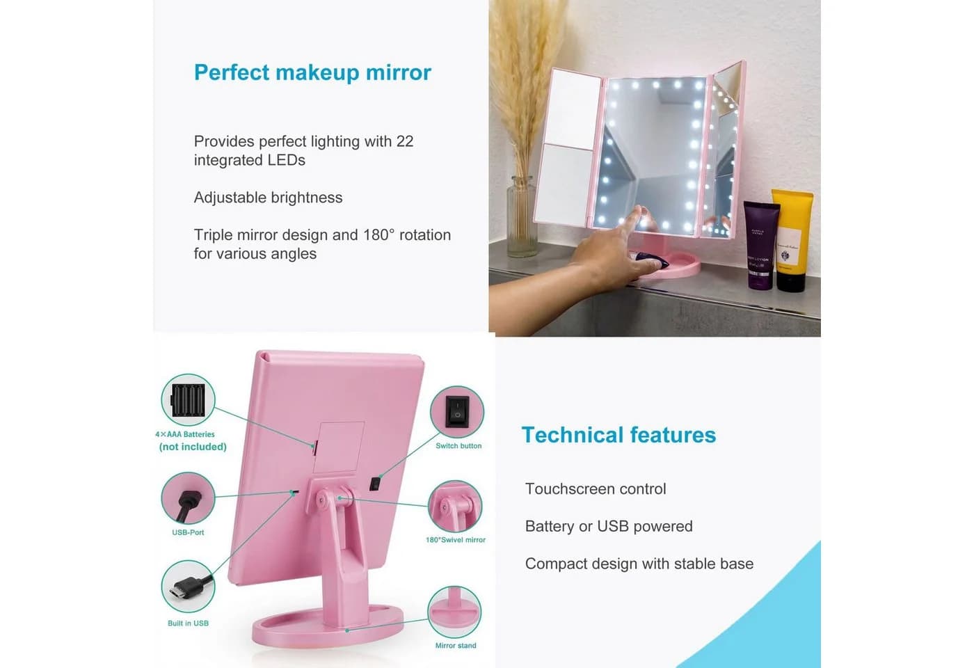 Intirilife Schminkspiegel mit LED-Beleuchtung und 3-fach Vergrößerung Pink - Bild 5