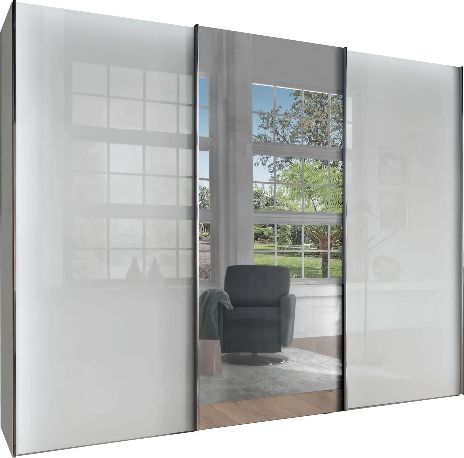 WIEMANN Monaco Schwebetürenschrank Grau/Weiß mit Glasfront