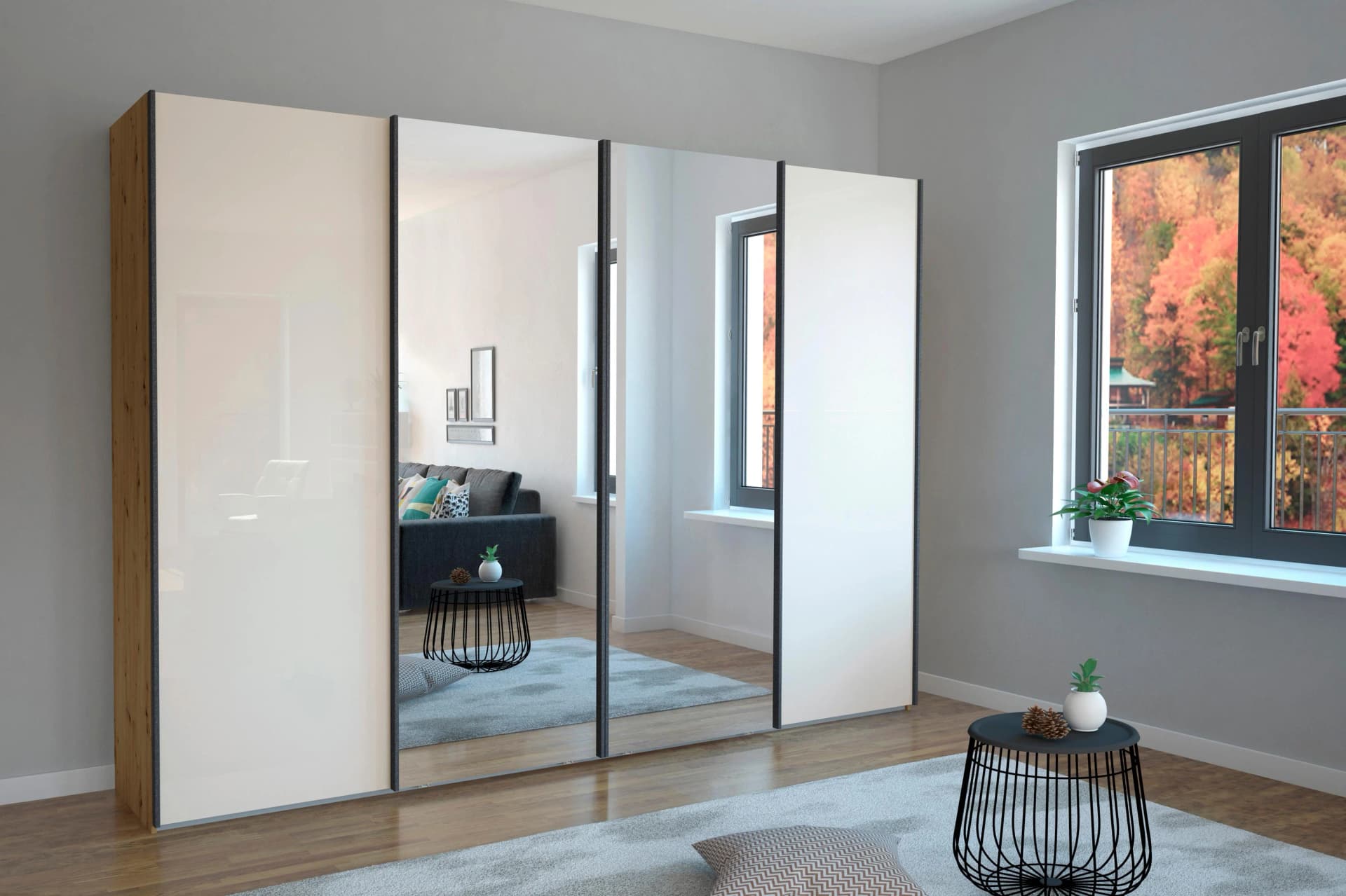 WIEMANN Monaco Schwebetürenschrank 4-tlg. Weiss Glas Spiegelfront