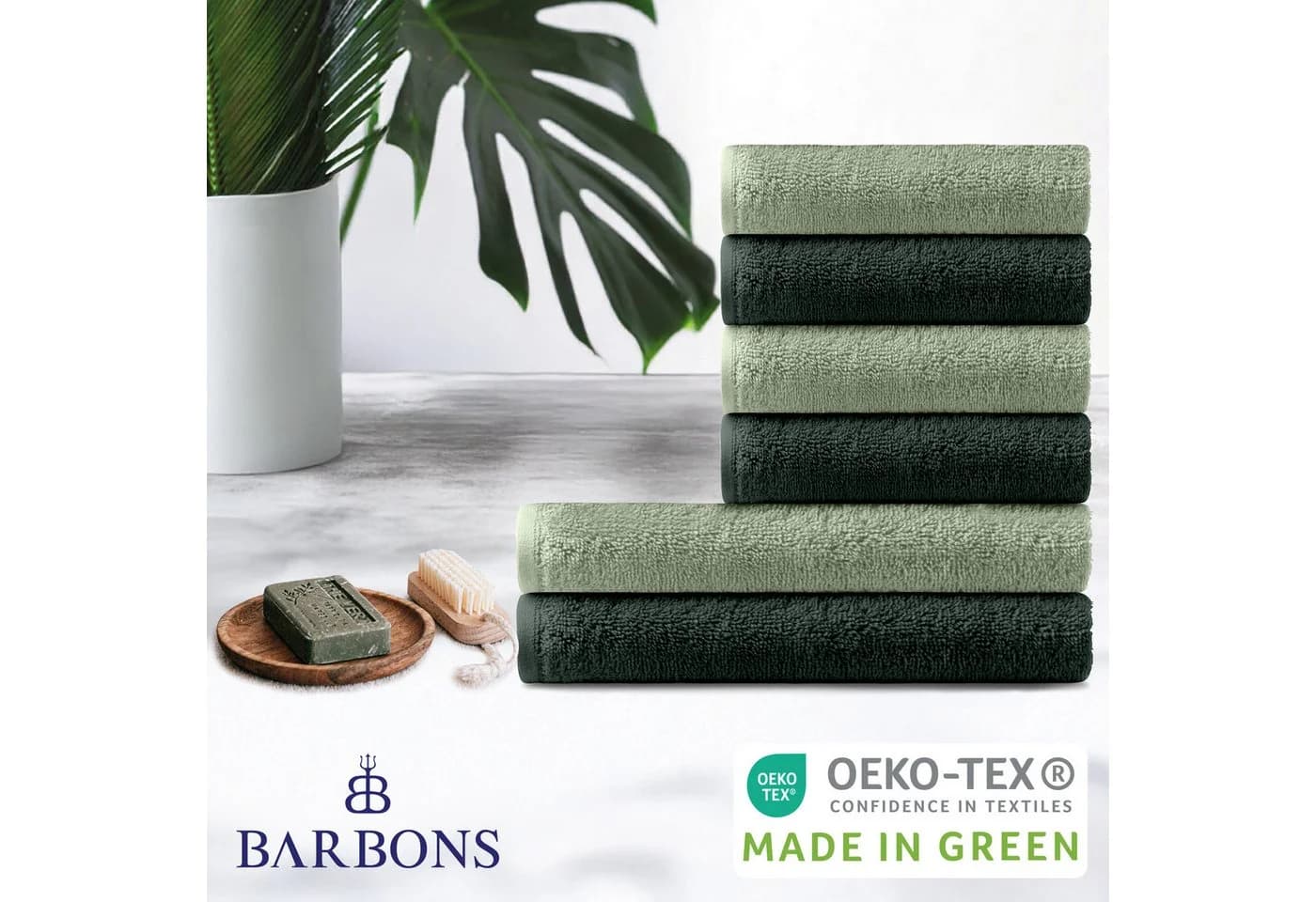 BARBONS Handtuch Set 6-tlg. 100% Baumwolle Walkfrottee Dunkelgrün/Hellgrün - Bild 1