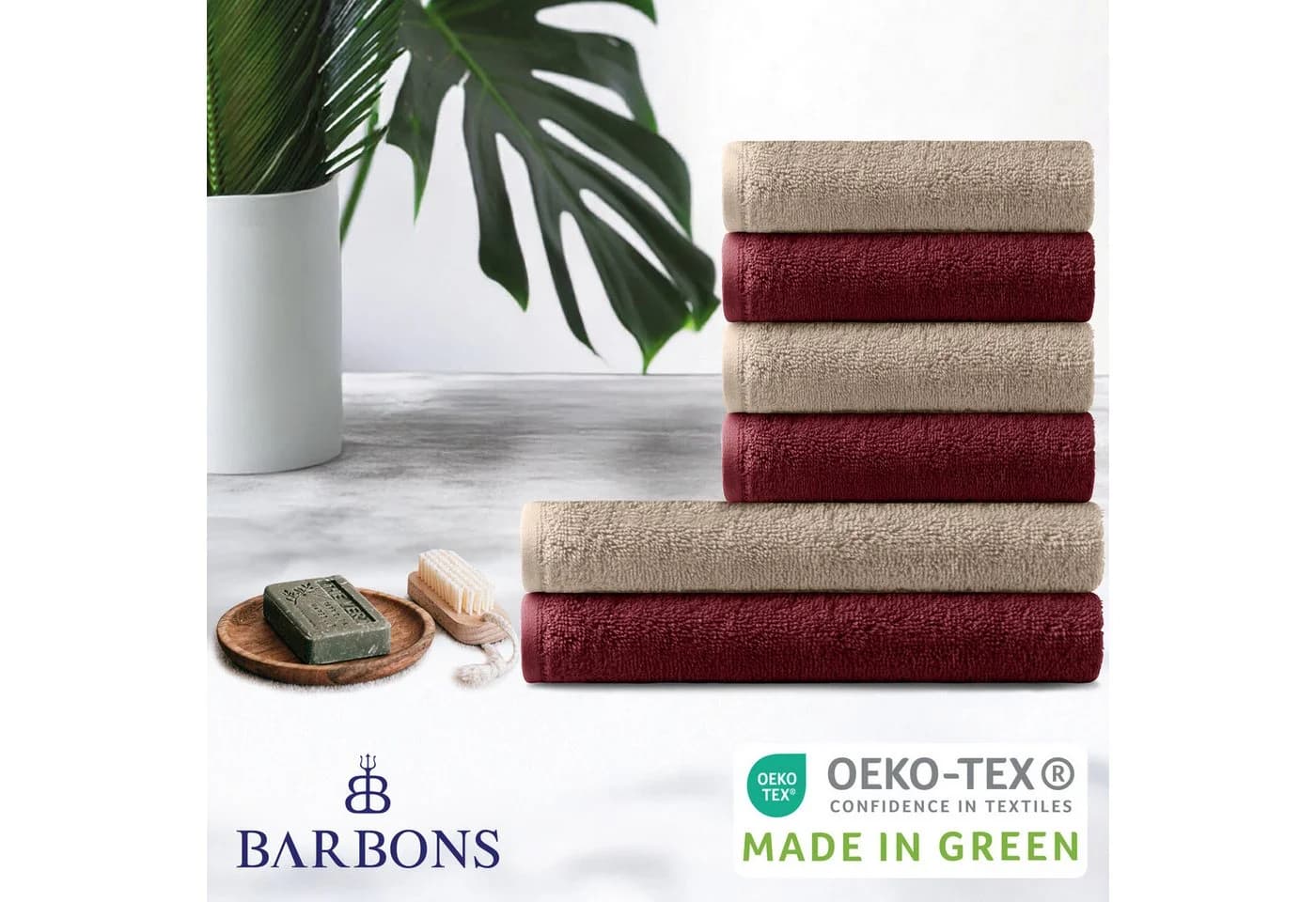 BARBONS Handtuch Set 6-tlg. Bordeaux/Taupe 100% Baumwolle Walkfrottee