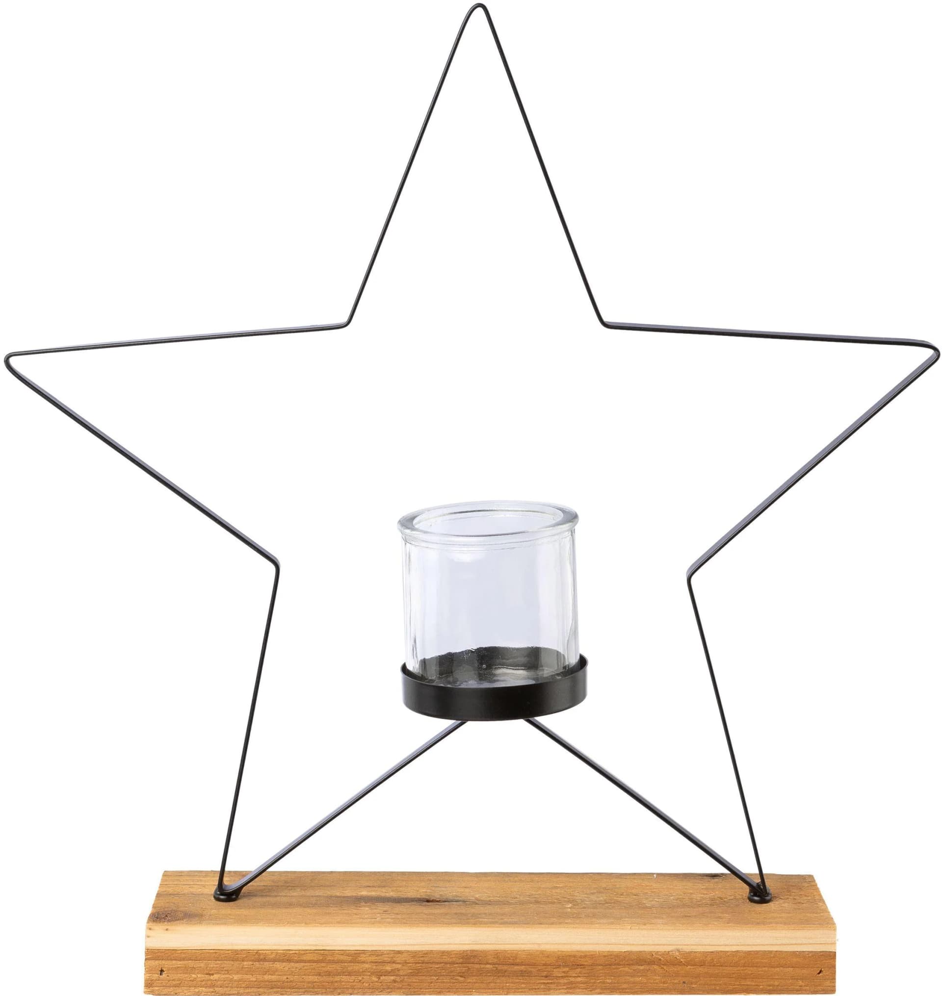 Modernes Windlicht in Stern-Form aus Metall und Holz