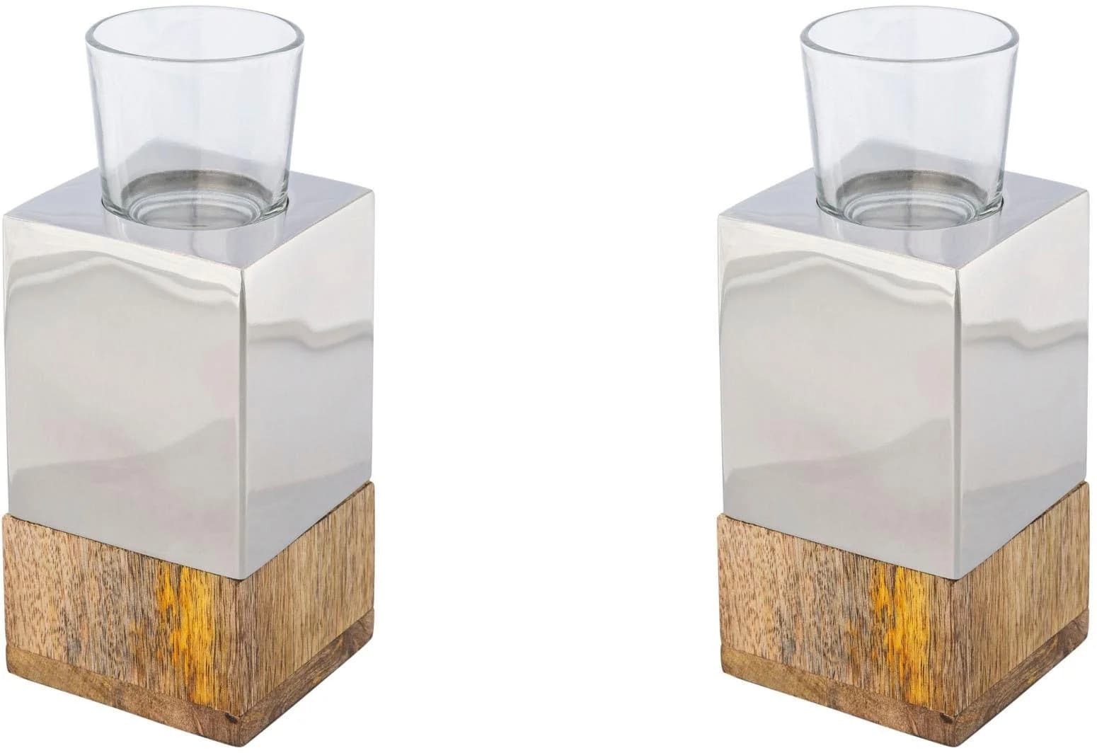 Creativ home Teelichthalter Kerzenhalter Tower 2er Set Edelstahl Mangoholz