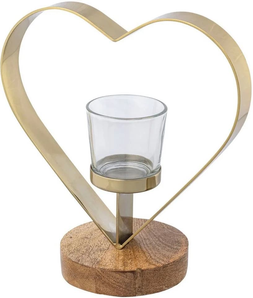 CREATIV HOME Teelichthalter Herz 2er Set Beige/Gold Edelstahl Holz Glas