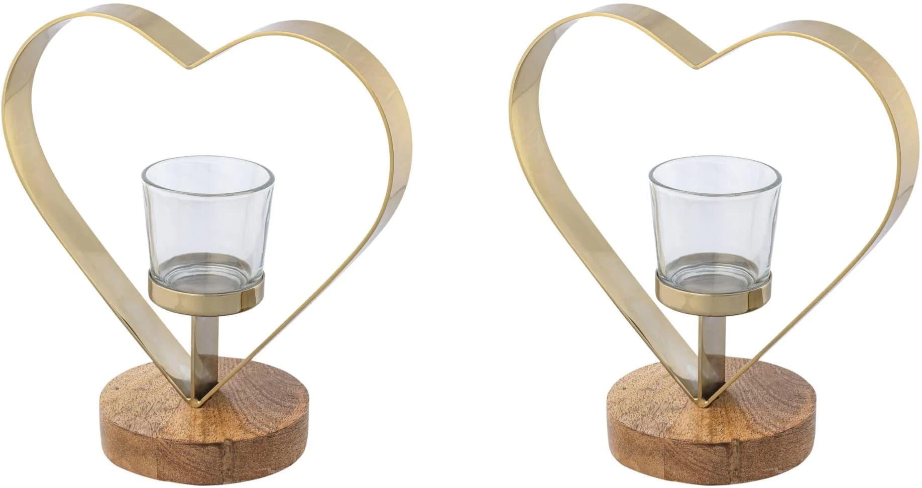 CREATIV HOME Teelichthalter Herz 2er Set Beige/Gold Edelstahl Holz Glas - Bild 3