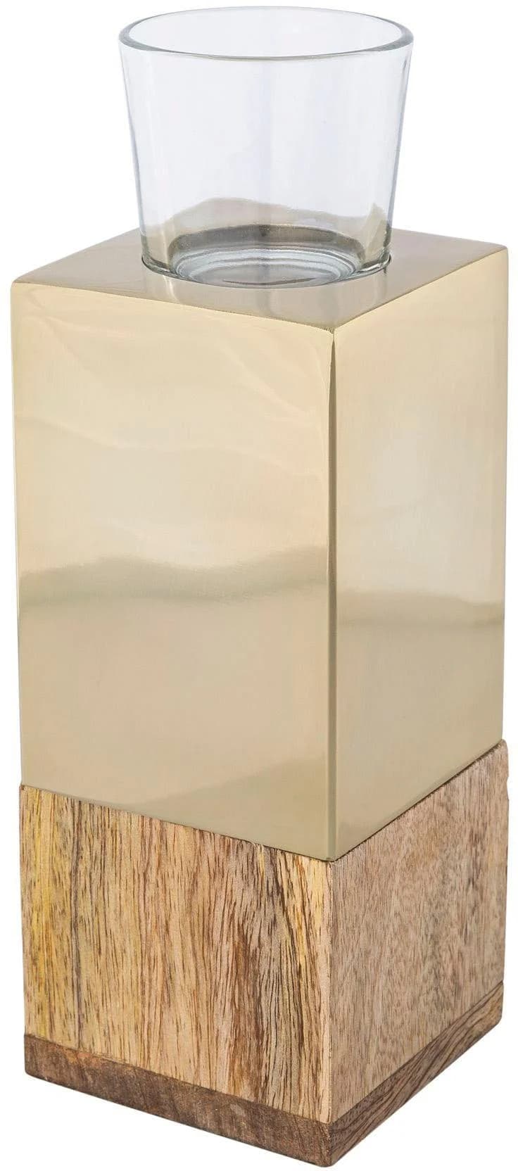 CREATIV HOME Teelichthalter Tower Beige Edelstahl Glas Massivholz