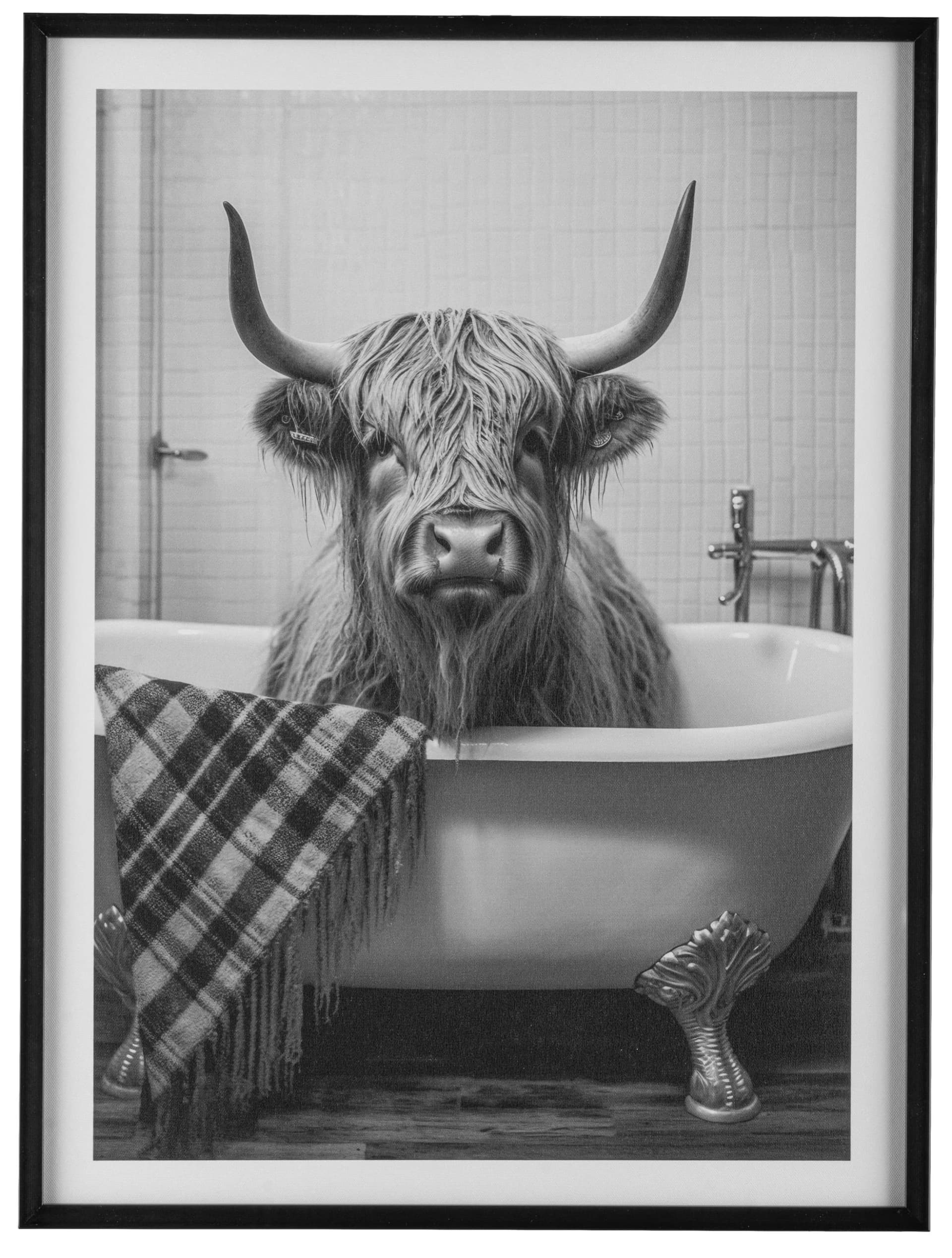 CREATIV HOME Leinwandbild Kuh in Badewanne Bunt Schwarz Rahmen