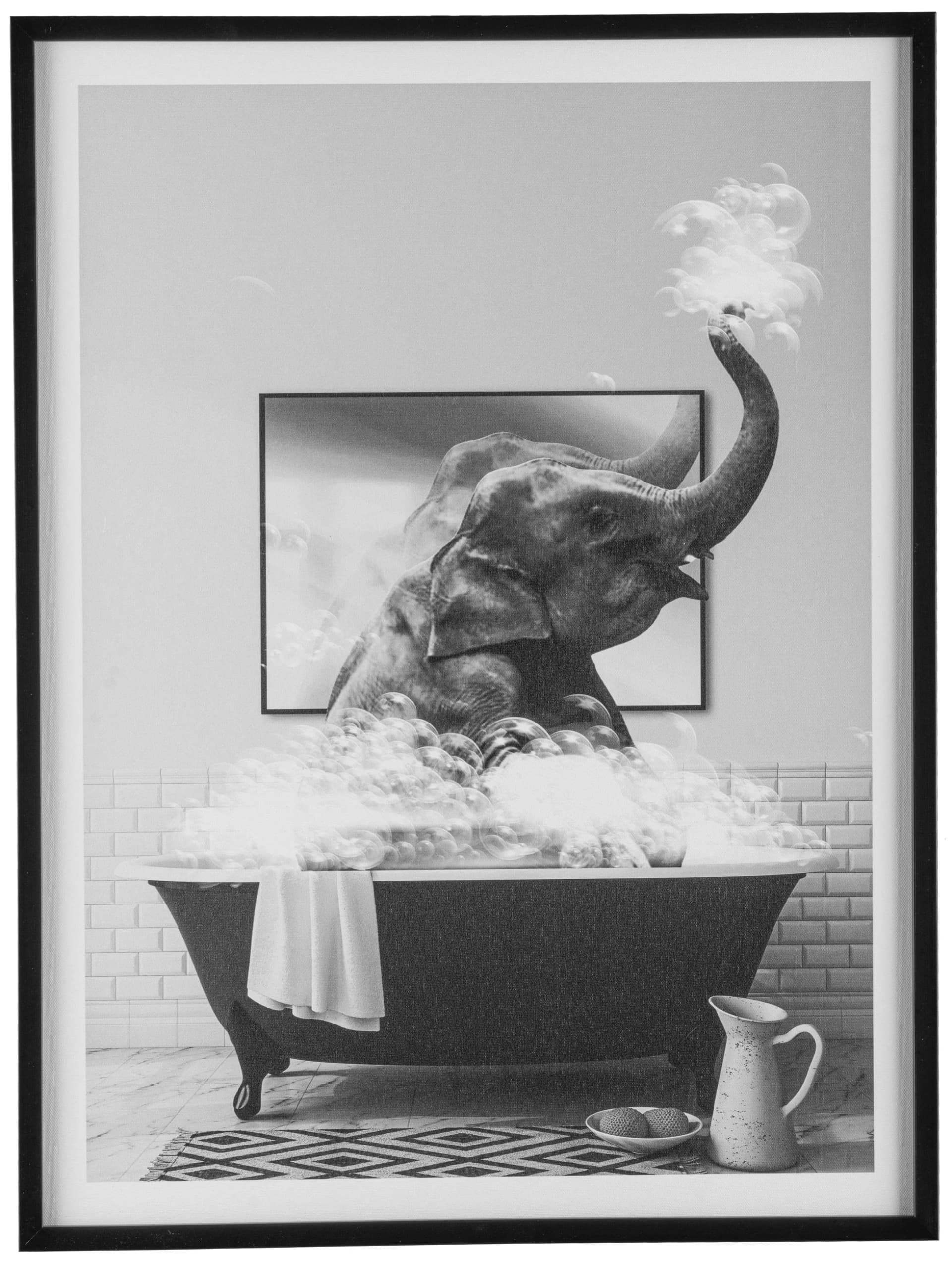 CREATIV HOME Leinwandbild Elefant in Badewanne Schwarz Rahmen