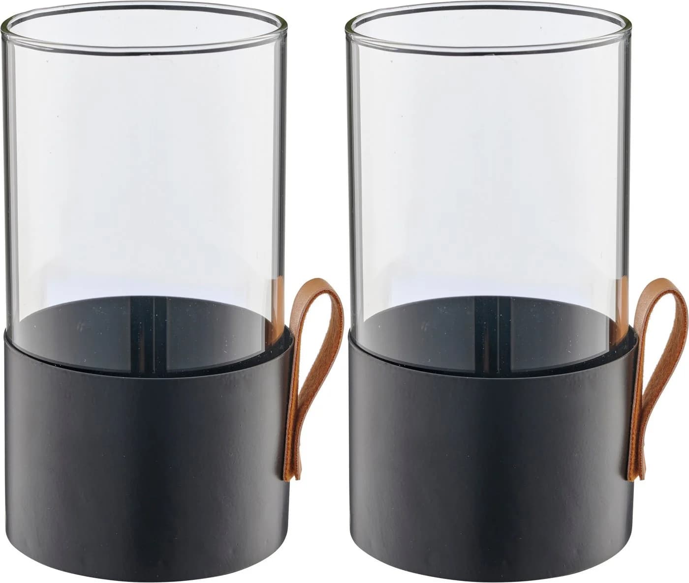 CREATIV HOME Windlicht Schwarz Glas Leder Metall 2er Set - Bild 2