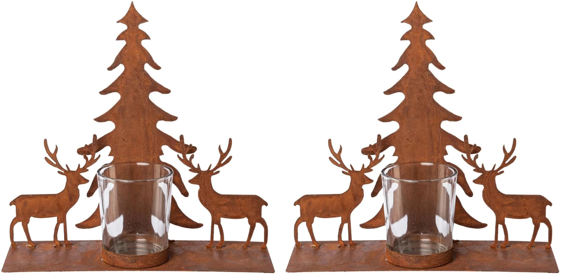 Rustikaler Teelichthalter mit Hirschfiguren und Tannen