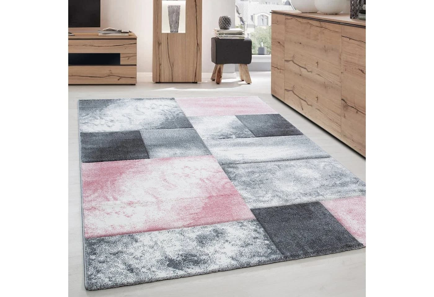 Carpettex Frisé-Teppich Kariert Design Kurzflor Läufer Rosa - Bild 2