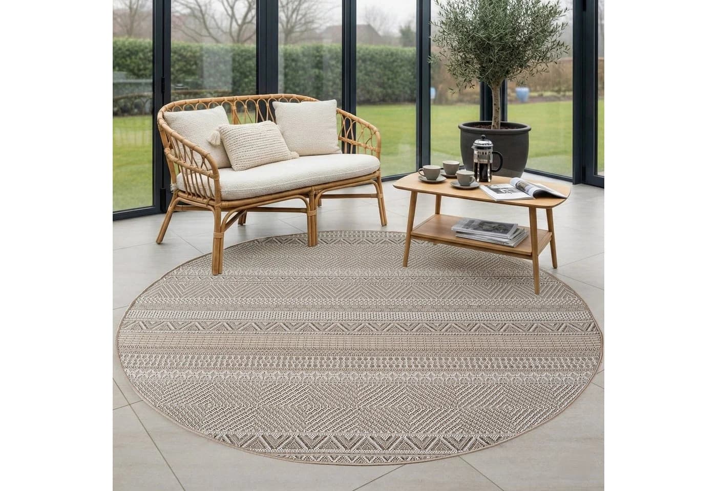 Carpettex Outdoorteppich Rund Beige Wetterfest Modern Design - Bild 2