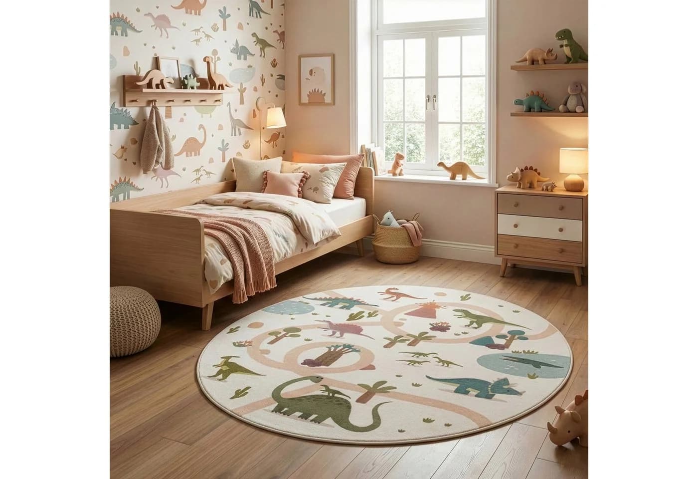 Carpettex Kinderteppich Bunte Dino Welt Rund Beige Grün - Bild 2