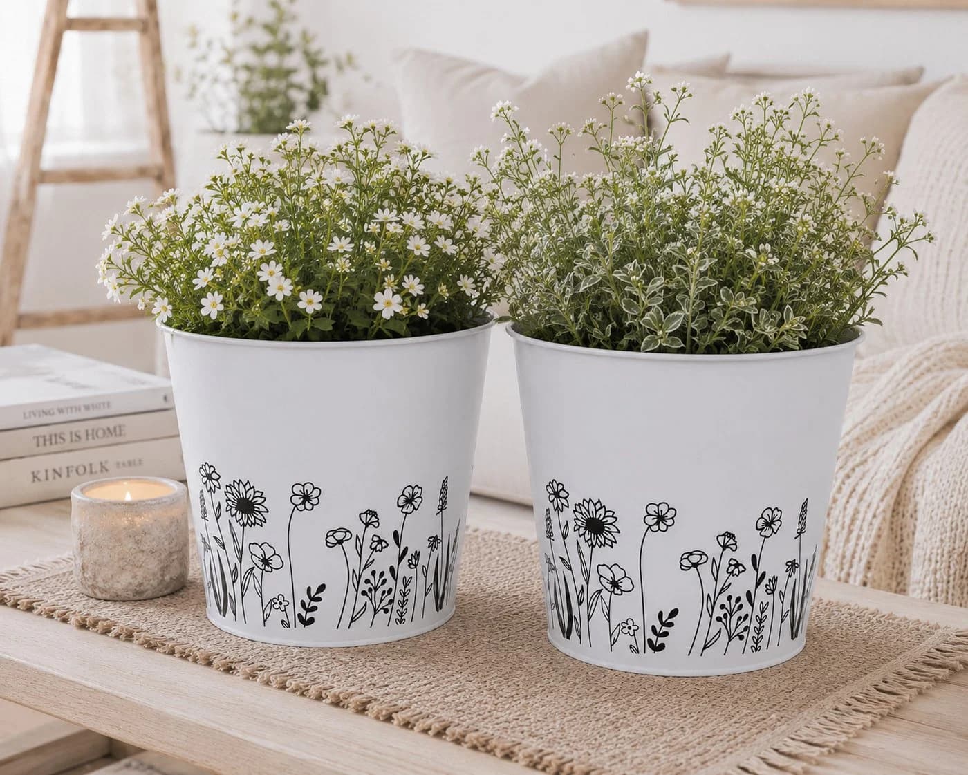 finehomegarden Übertopf Blumentopf Metall Blumenmotiv Weiß - Bild 4