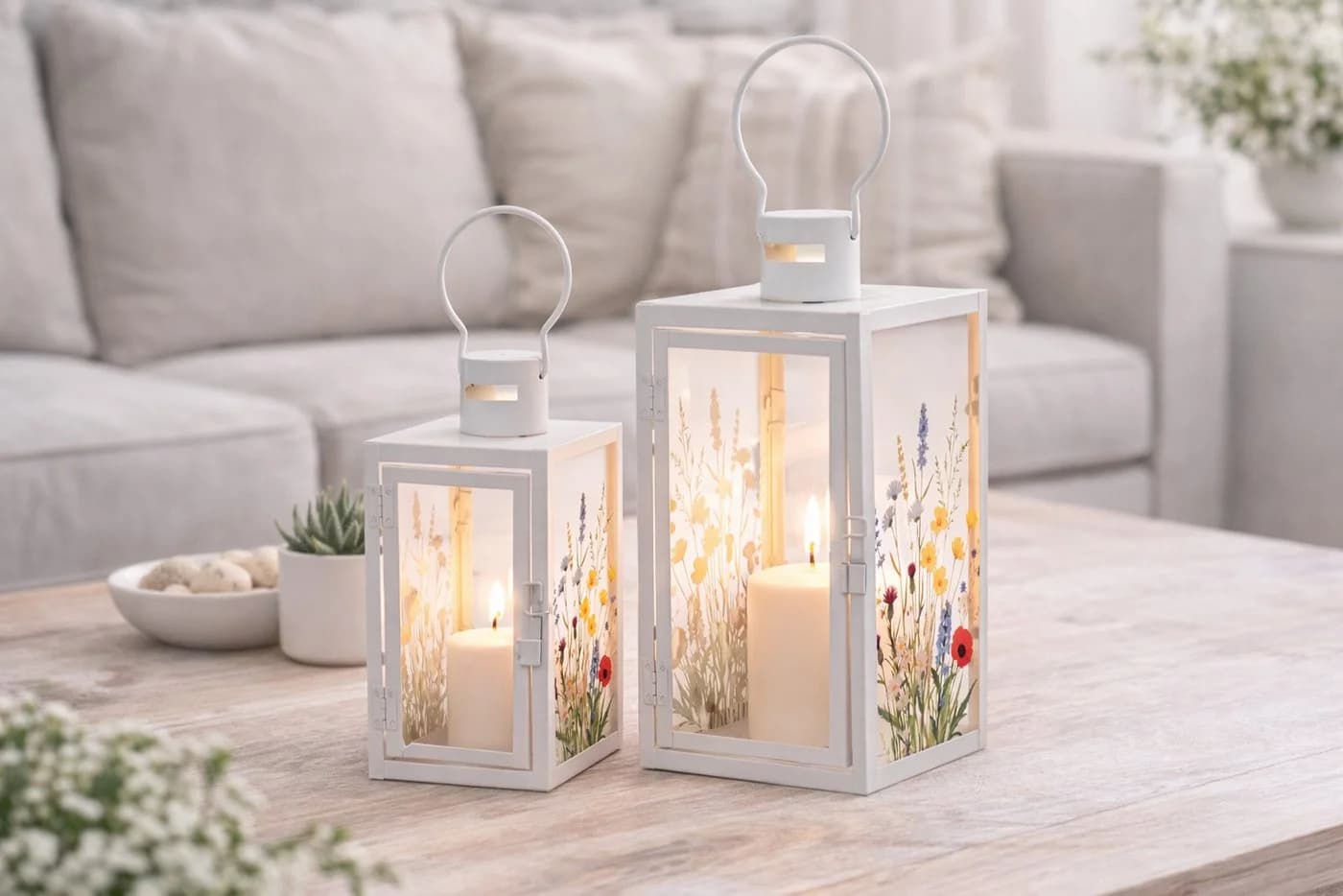 finehomegarden Kerzenlaterne mit Blütenmotiv Weiß Metall & Glas - Bild 3