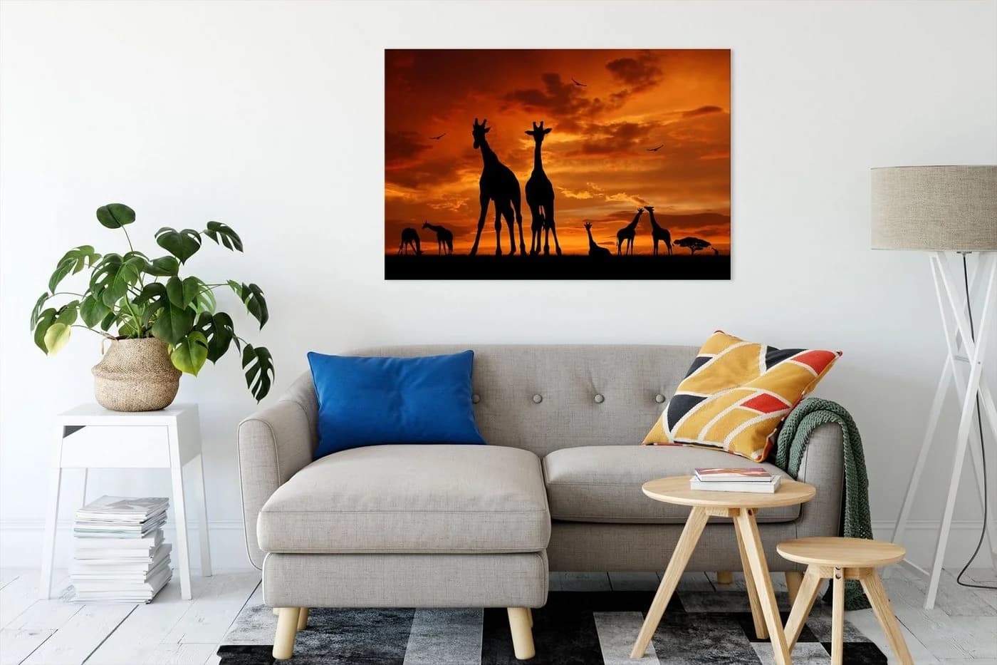 Pixxprint Leinwandbild Giraffen im Sonnenuntergang Bunt