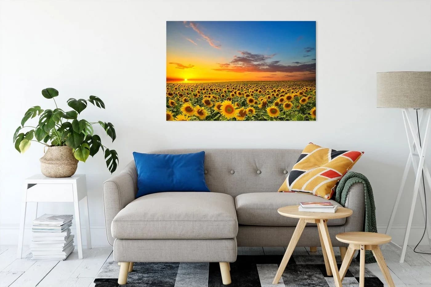Pixxprint Leinwandbild Sonnenuntergang Sonnenblumen Bunt