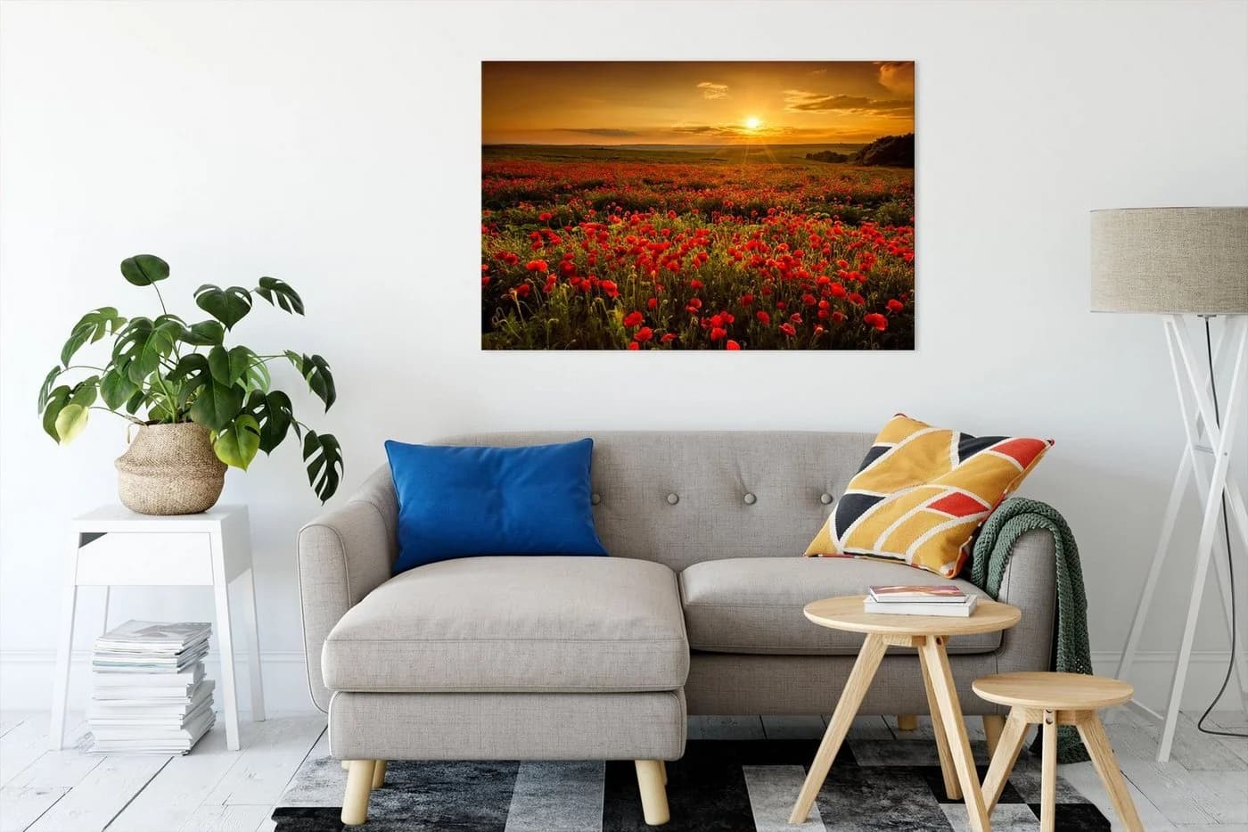 Pixxprint Leinwandbild Mohnblütenfeld bei Sonnenuntergang Bunt